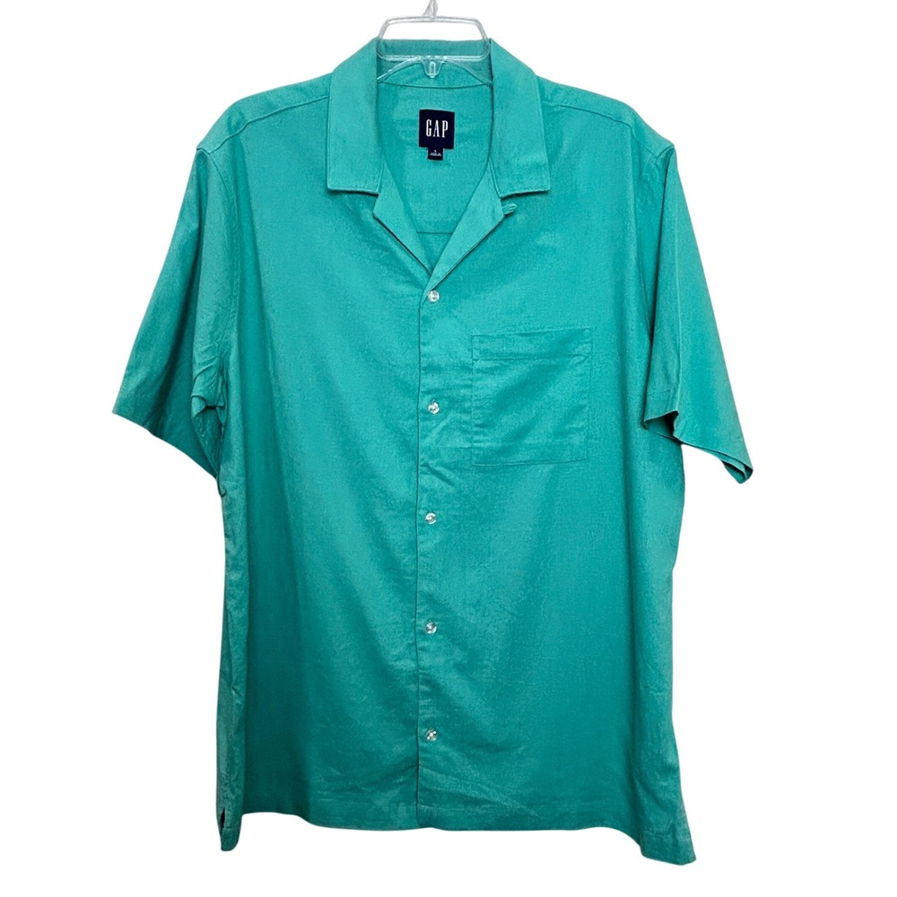 GAP Button Down Shirt Mens Large Teal Green Linen Blend Camp Collar Short NWT